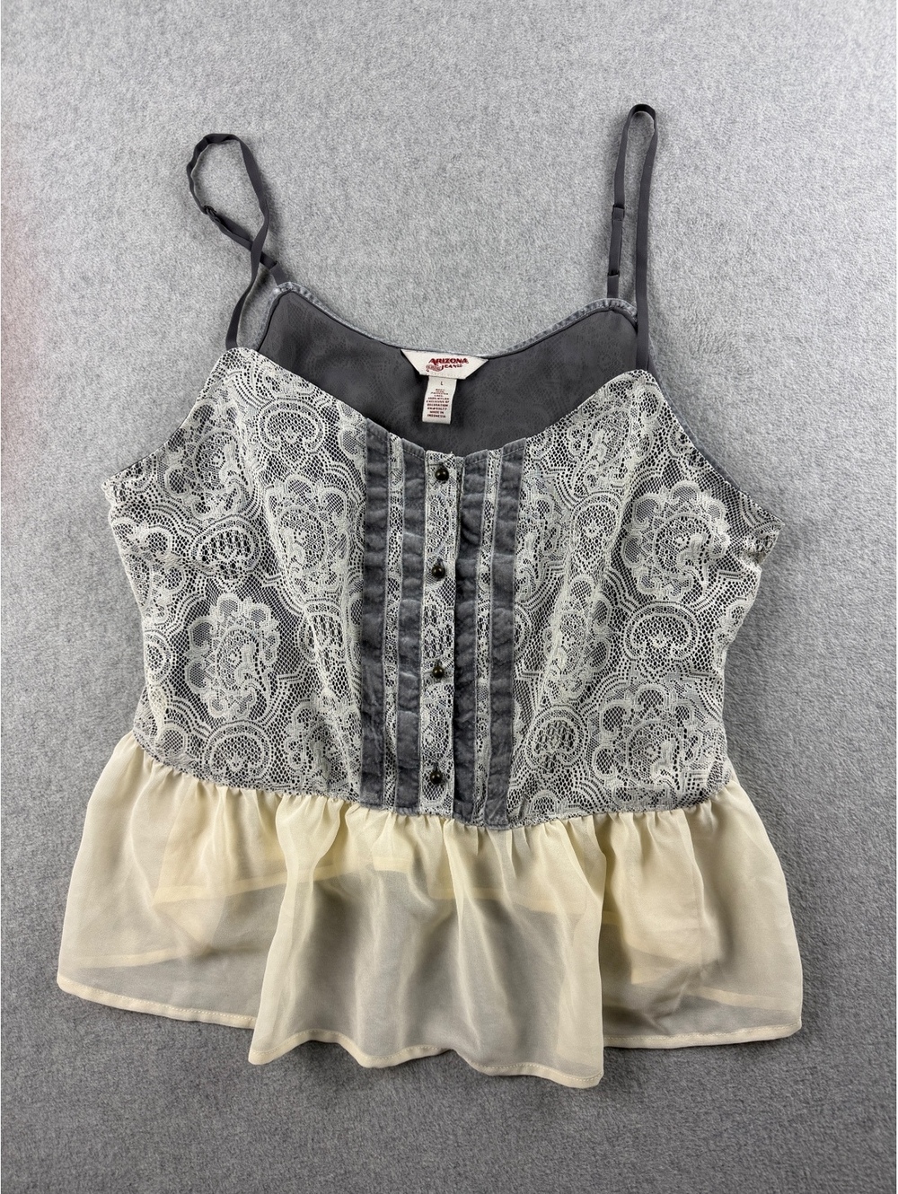 Lace Peplum Cami Top L Gray Cream Coquette Y2K Romantic